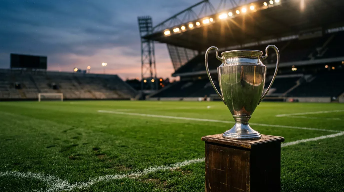 Trofeo de la Serie A italiana iluminado sobre un campo de fútbol