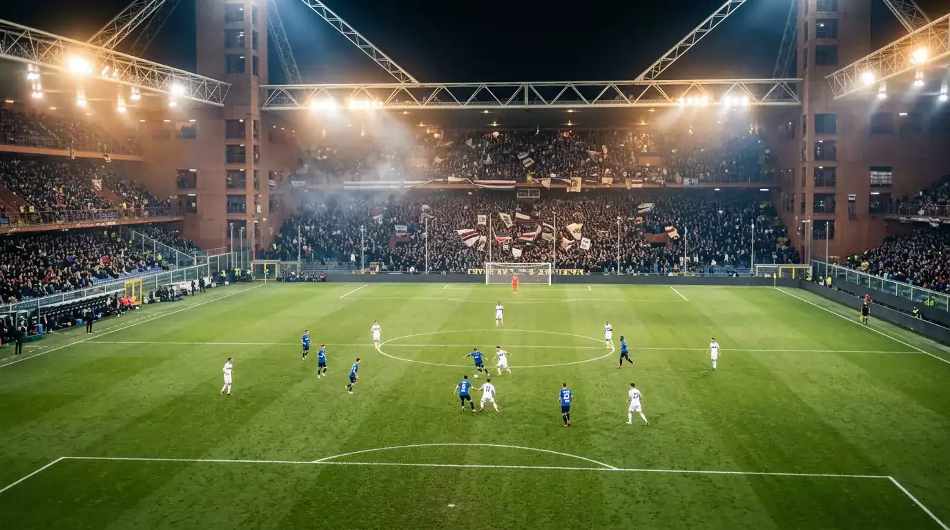 Estadio italiano iluminado durante una noche de Serie A con grada llena